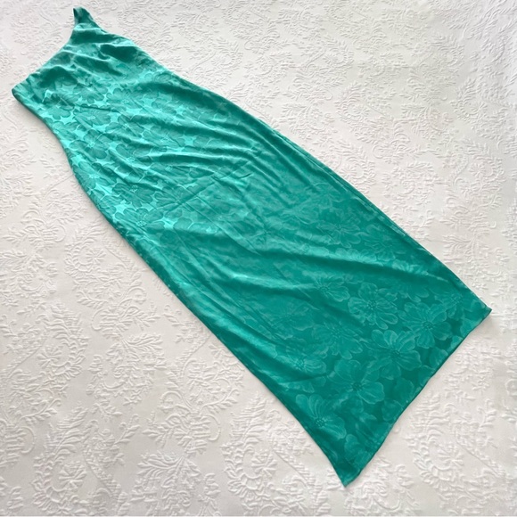 NWOT Lulus Chasing Desire Teal Green Satin Jacquard One-Shoulder Maxi Dress - Picture 2 of 6